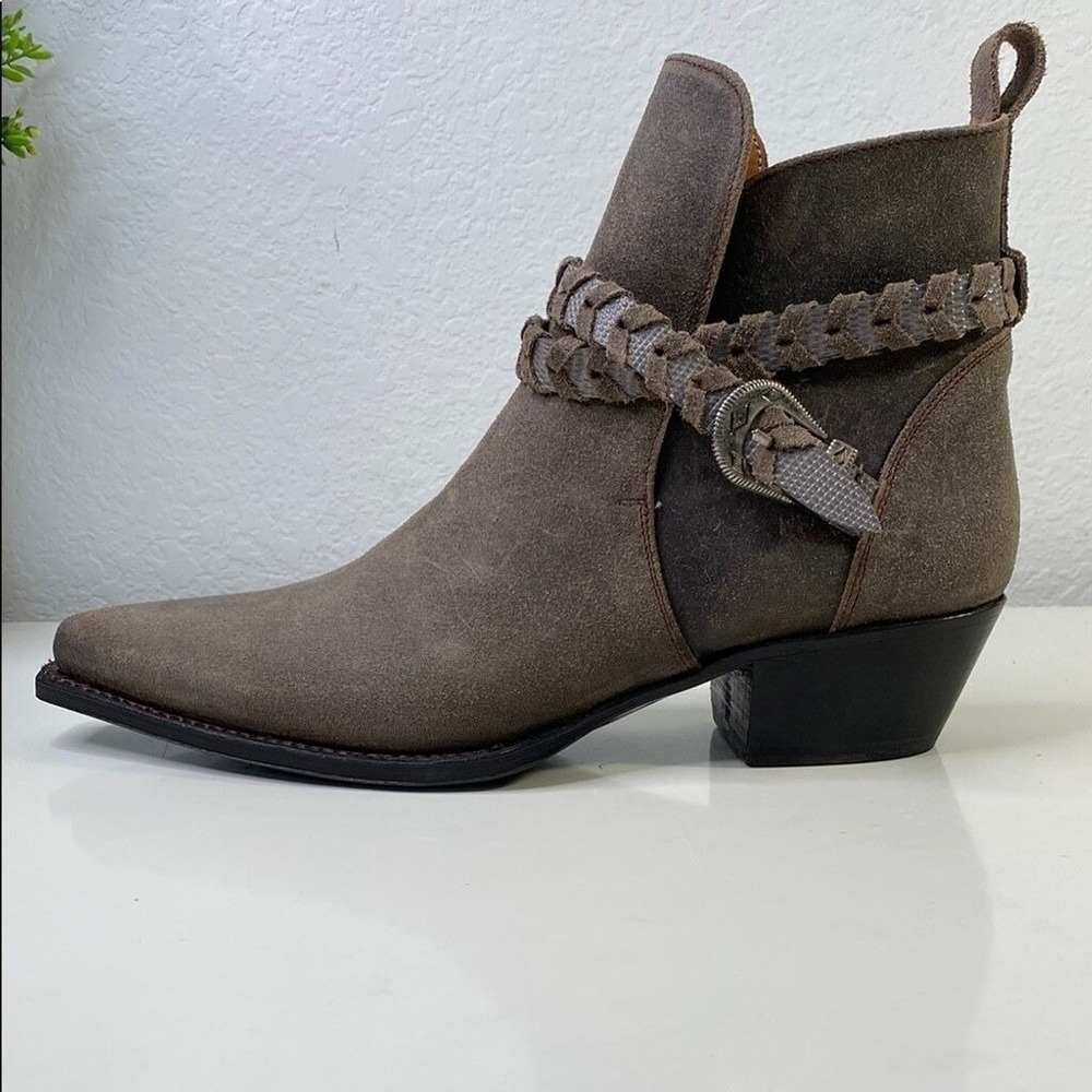 Donald J Pliner Ankle Boots Taupe Brown Suede Braided Buckle Western Boho 8